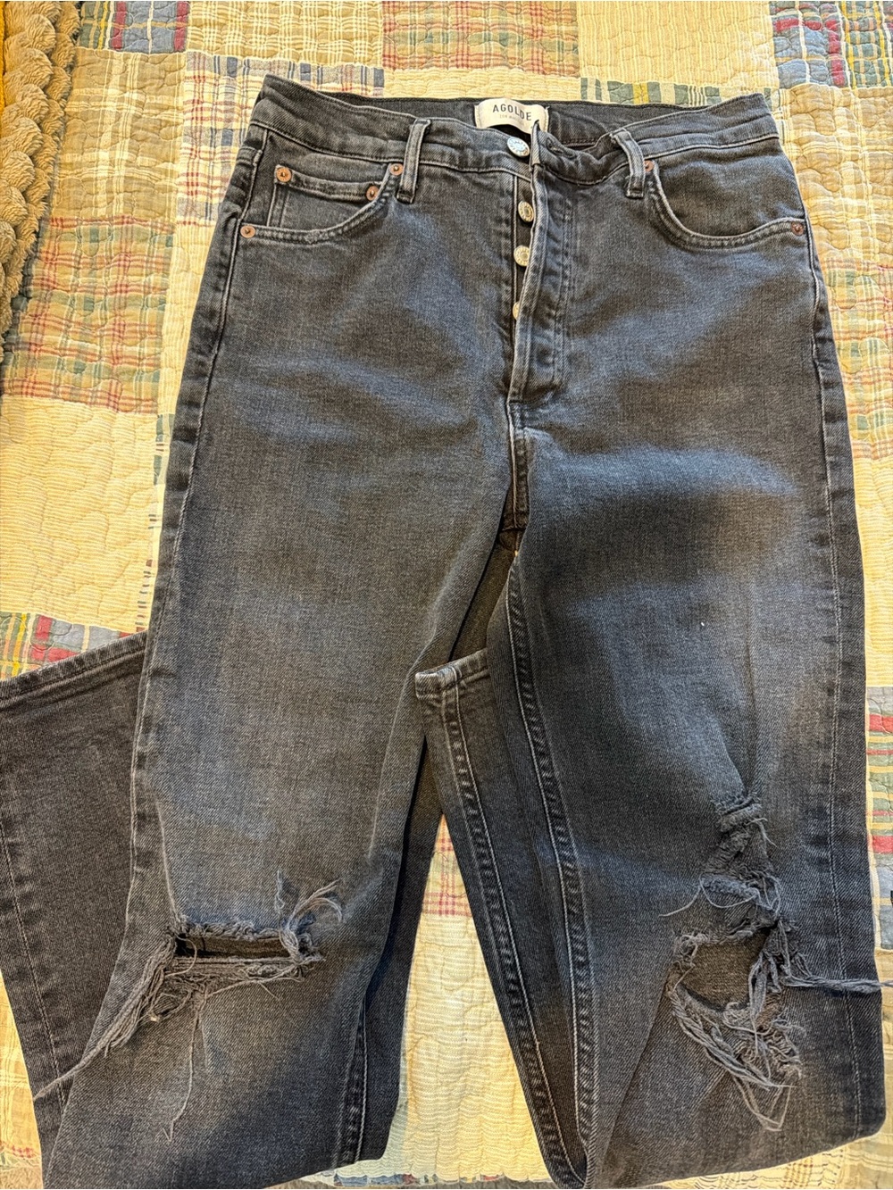 AGOLDE Black Distressed Jeans Size 28 | High Rise Straight Leg Raw Hem